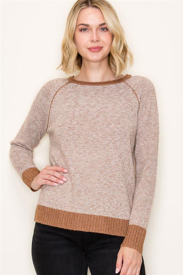 Color Trimmed Pinstriped Sweater - Camel