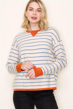 Stripe Contrast Long Sleeve Pullover - Oatmeal