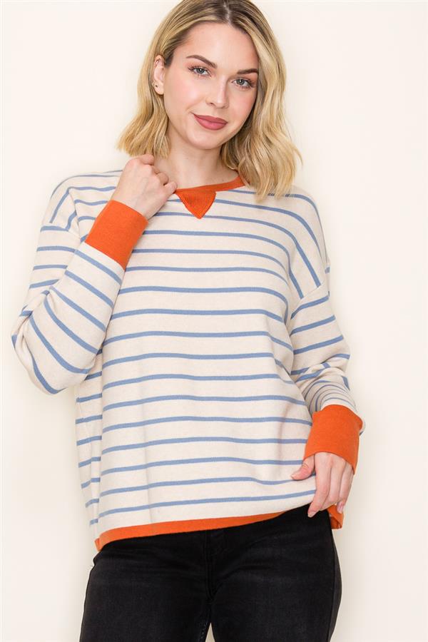 Stripe Contrast Long Sleeve Pullover - Oatmeal