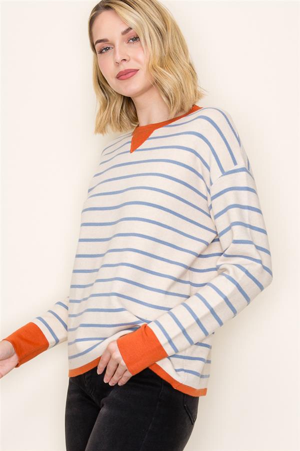 Stripe Contrast Long Sleeve Pullover - Oatmeal