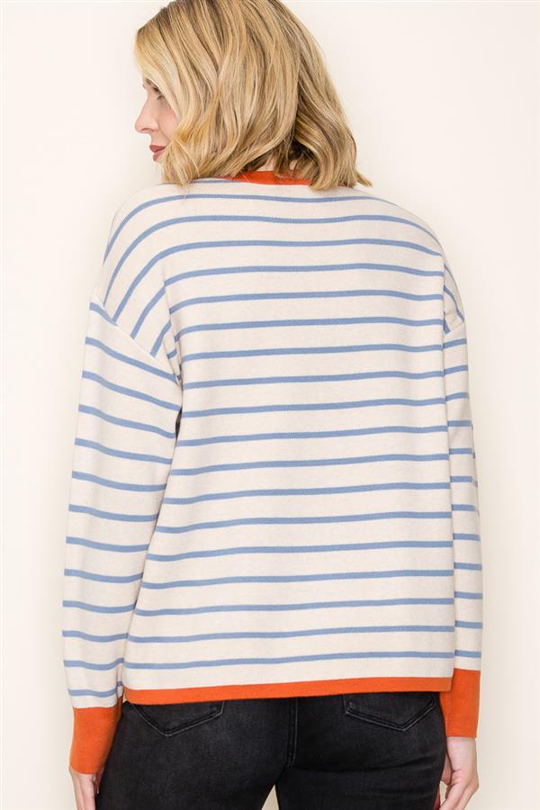 Stripe Contrast Long Sleeve Pullover - Oatmeal