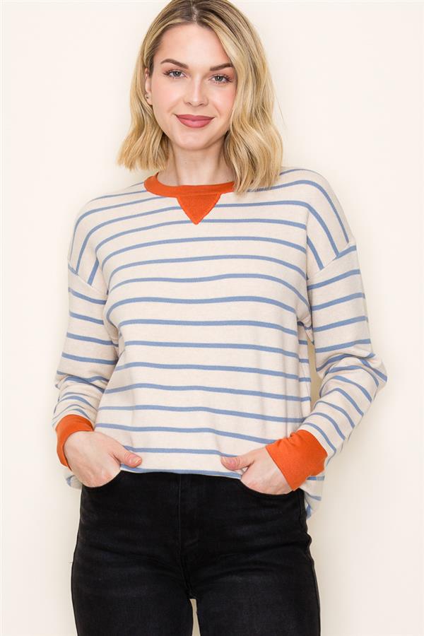 Stripe Contrast Long Sleeve Pullover - Oatmeal
