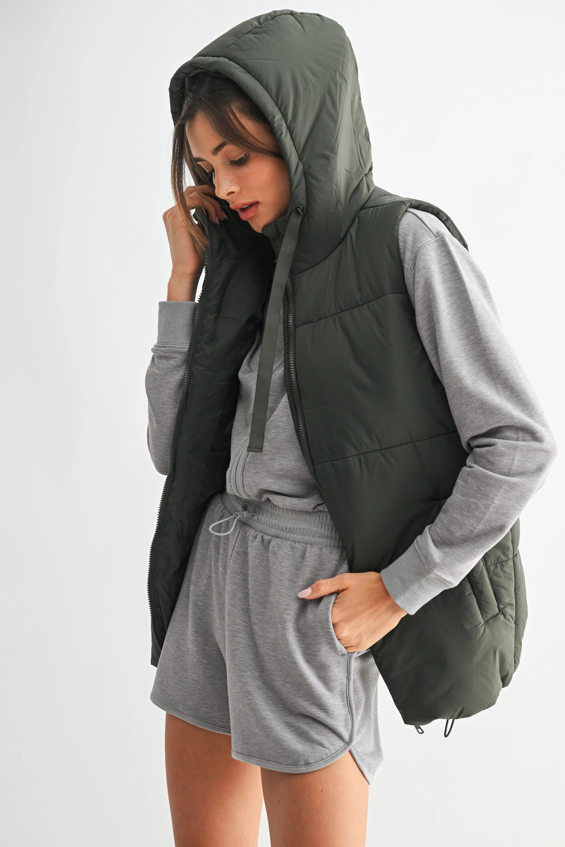 Longline High Neck Padded Vest - Olive