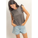 Ruffle Cap Sleeve Crew Neck Top - Charcoal