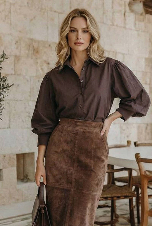 Short Puff Sleeve Button Down Top - Brown