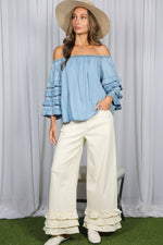 Off The Shoulder 4Tiers Ruffle Sleeve Chambray Top
