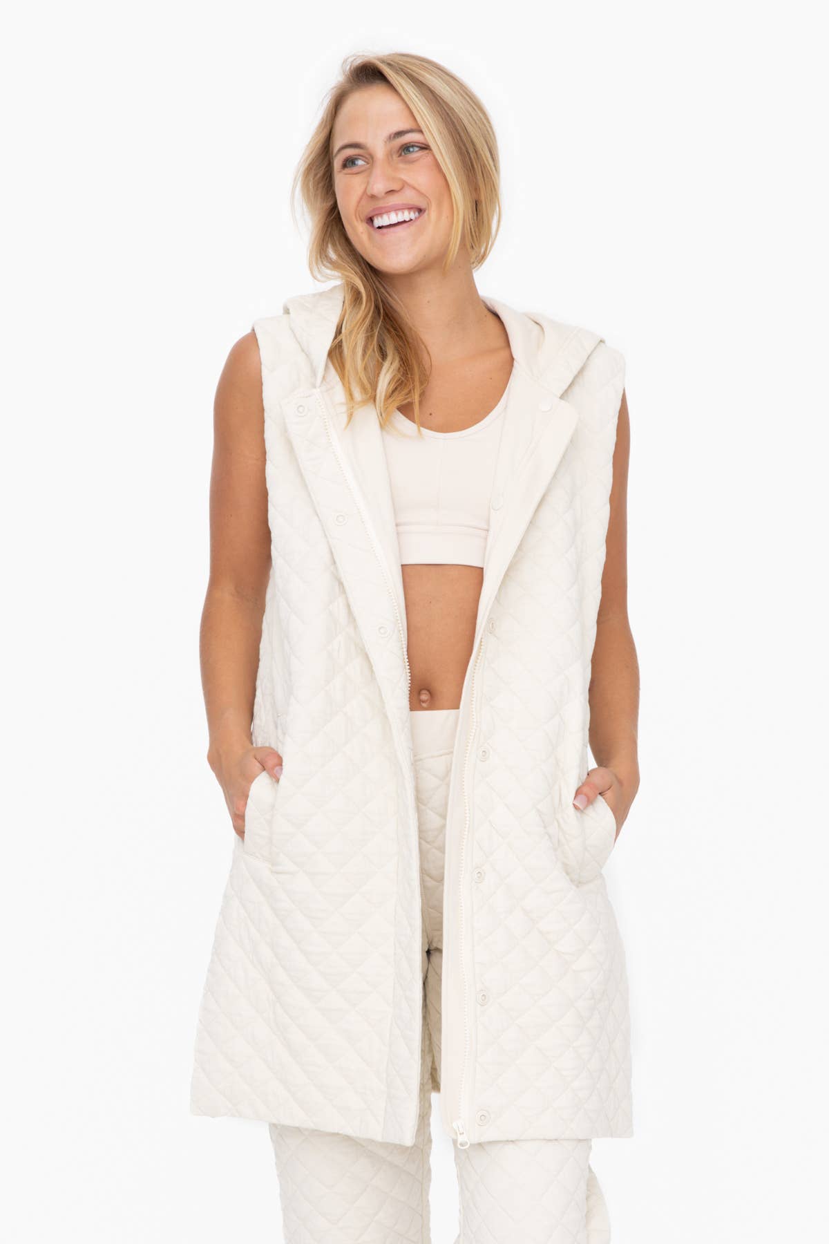 Long Quilted Cotton Blend Vest: IVORY