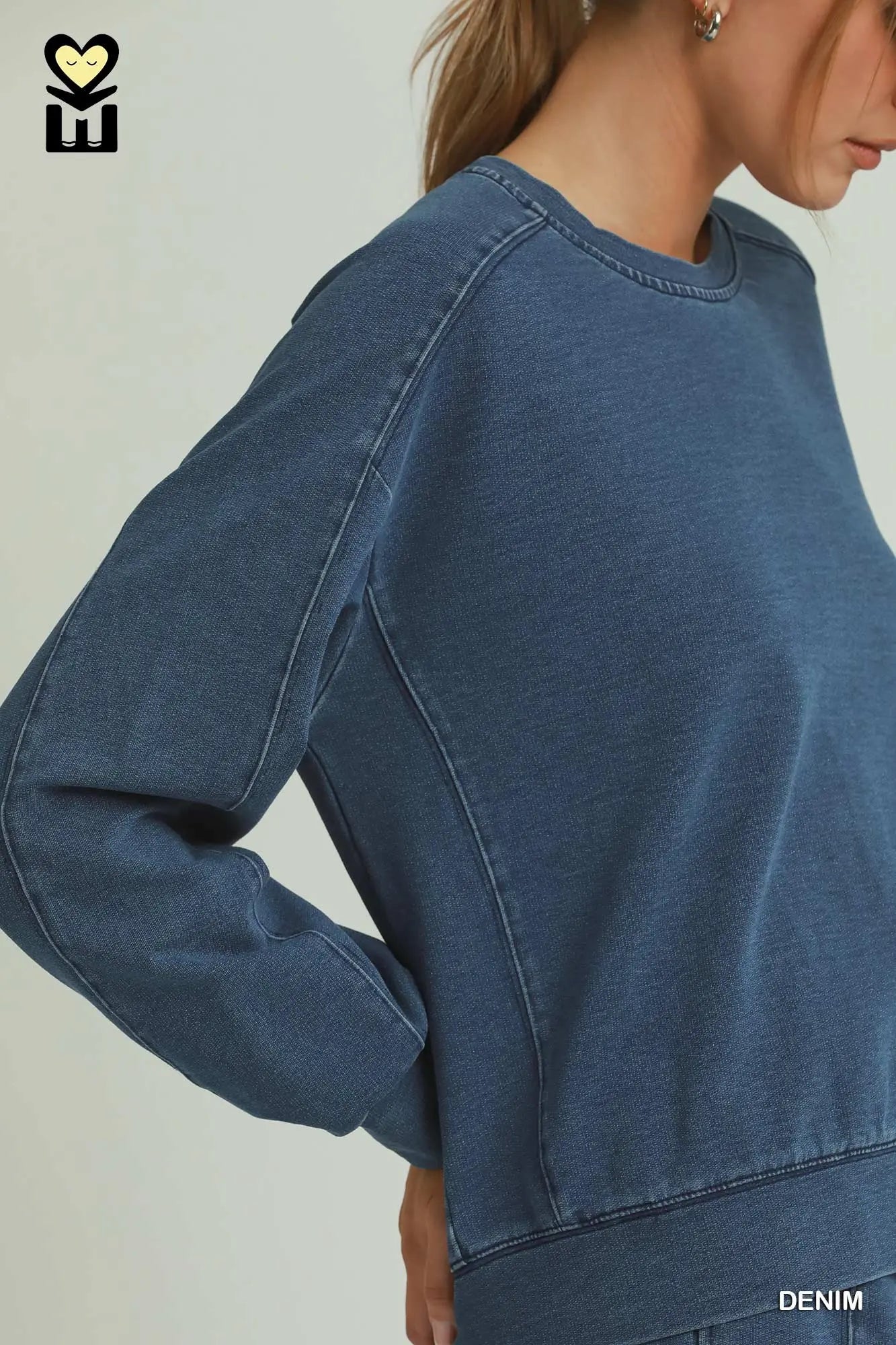 Denim Knit Washed Long Sleeve Crewneck