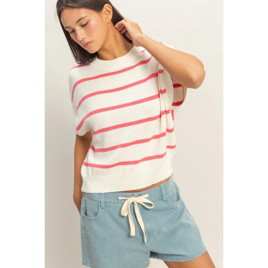Striped Crew Neck Knit Top - Pink