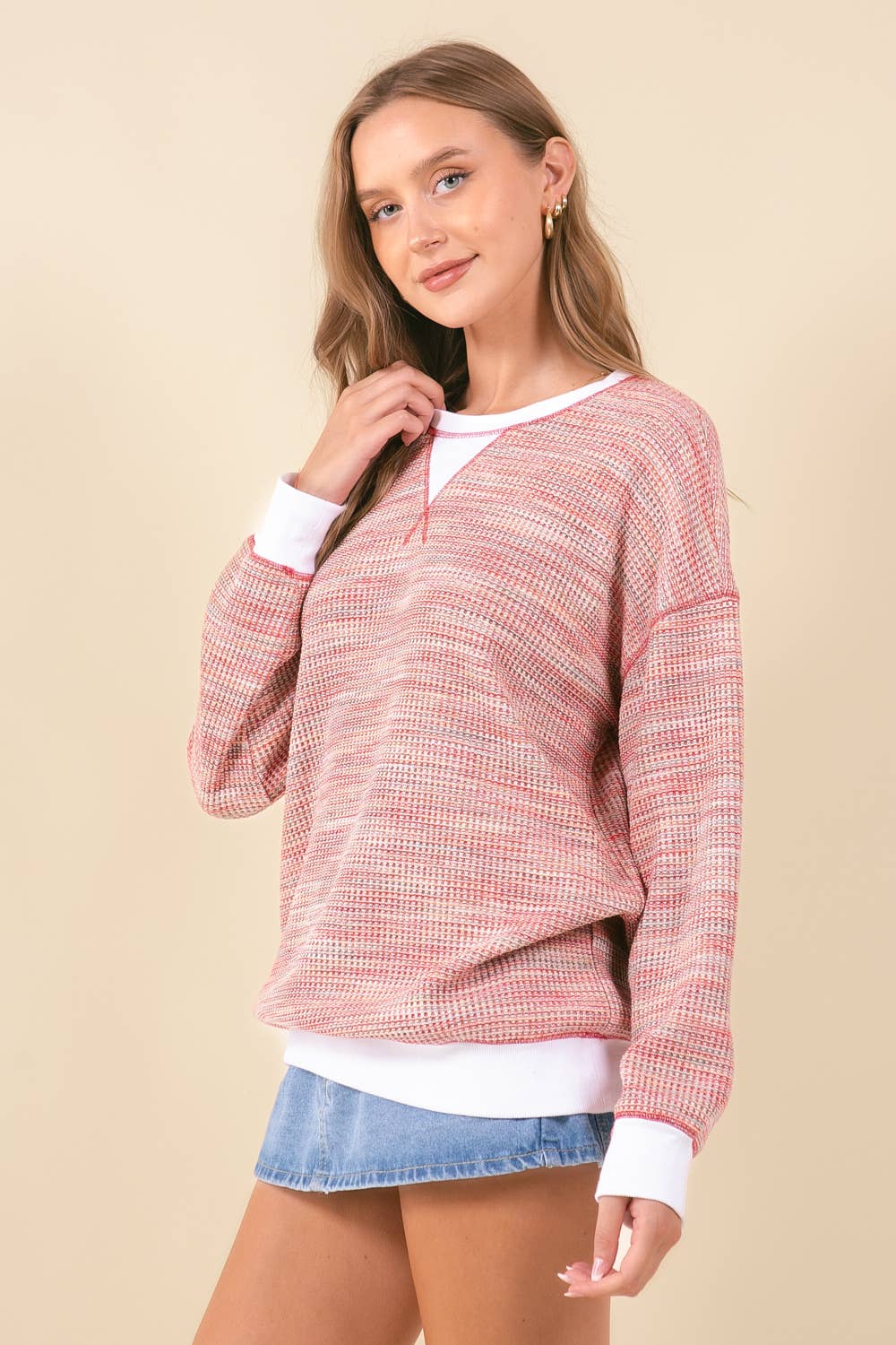 Waffle Knit Drop Shoulder Long Sleeve - Red
