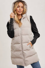 HOODED ZIPPER DOWN LONGLINE PUFFER VEST: Beige