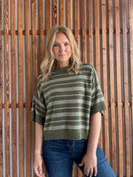 Striped Drop Sleeve in Olive/Cream