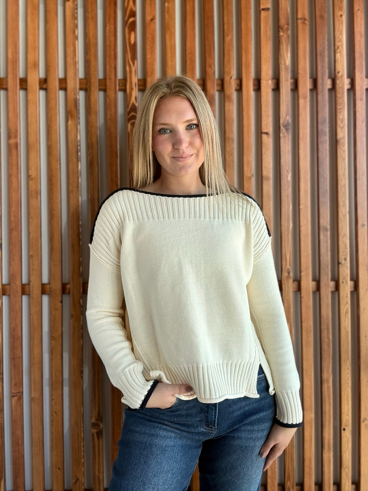 Boatneck Cream and Navy Sweater