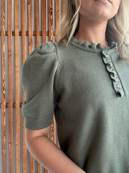 Short Puff Sleeve Ruffled Neck Sweater: Olive