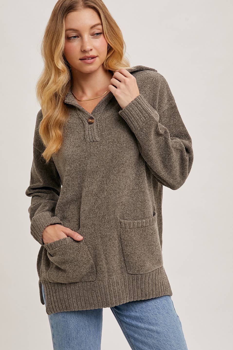 ONE BUTTON FRONT FLAP COLLAR RIBBED KNIT SWEATER PULLOVER