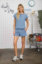 Stripe Short Sleeve Henley Knit Top - Denim