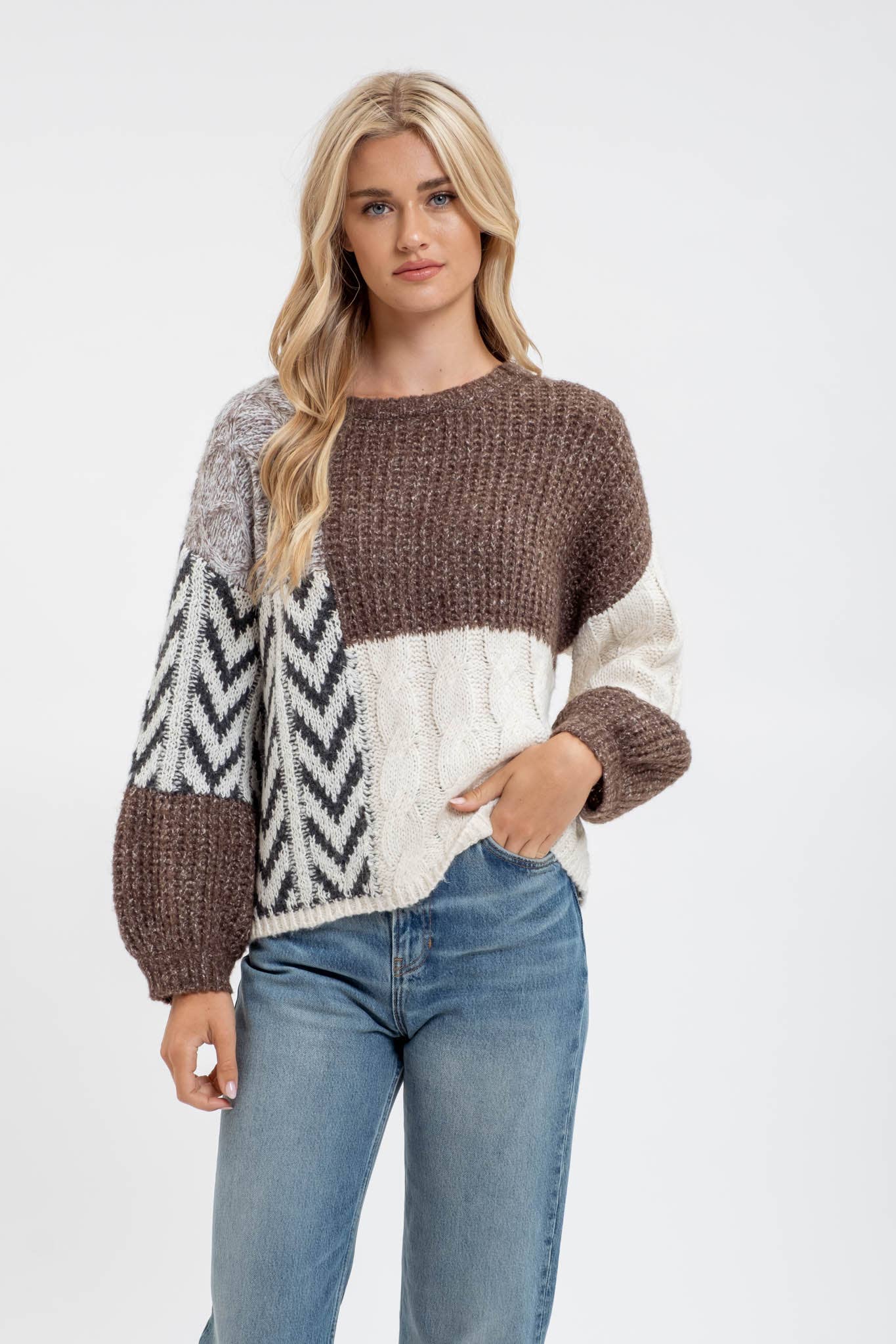 Colorblock Chevron Cable Knit Sweater: Brown Multi