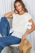 Eyelet Lace Ruffle Hem Crochet Sweater - Cream
