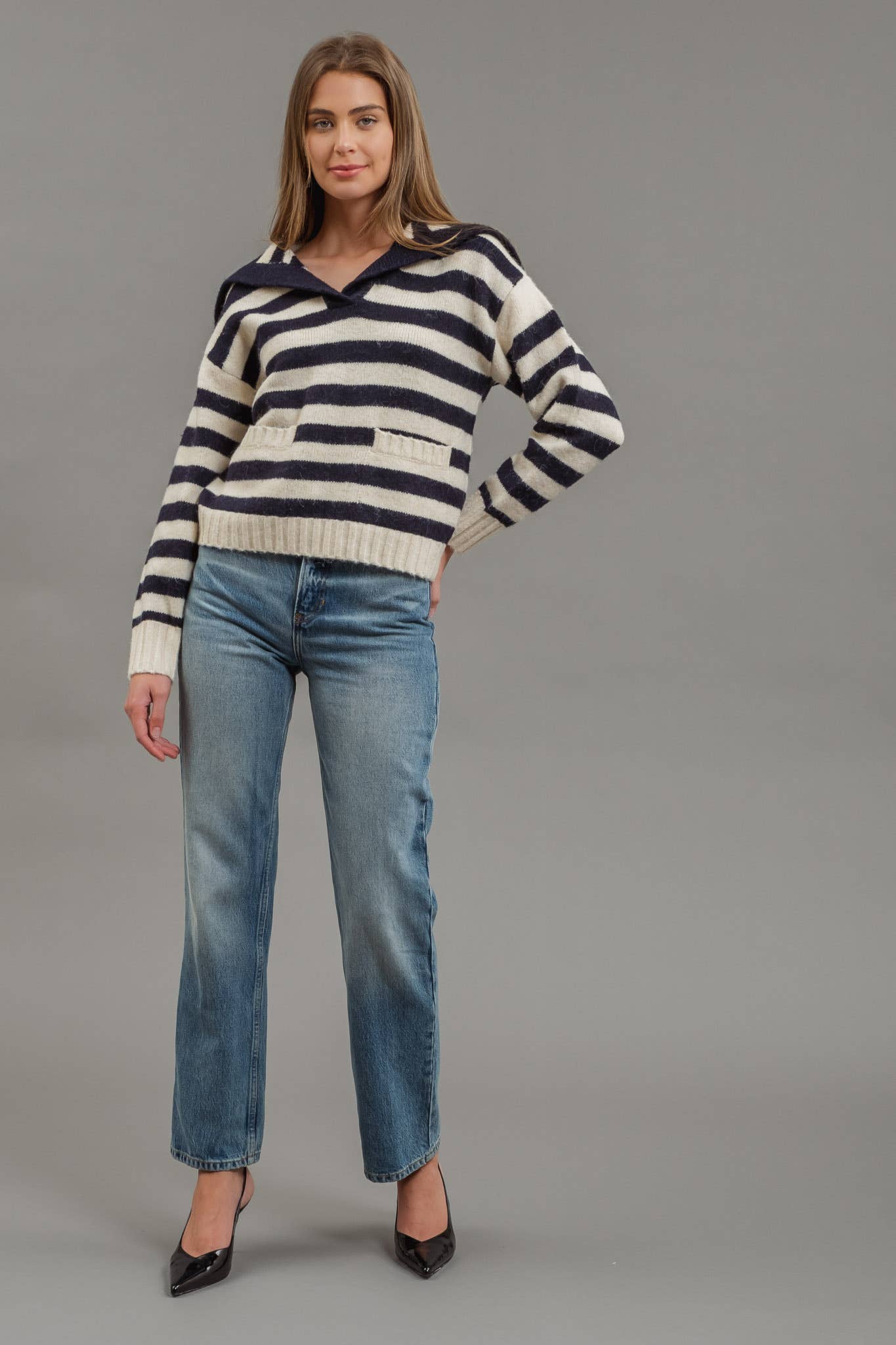 STRIPE SAILOR COLLAR KNIT SWEATER: NAVY