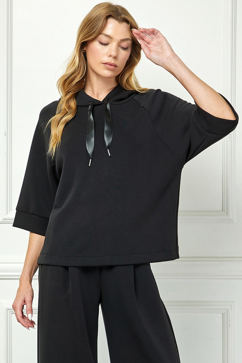 Soft Hooded Top With Satin Tie Detail - Black