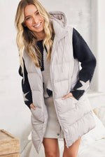 HOODED ZIPPER DOWN LONGLINE PUFFER VEST: Beige