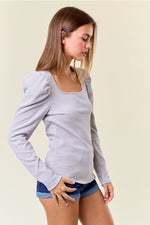 Soft Striped Rib Square Neck Puff Long Sleeve