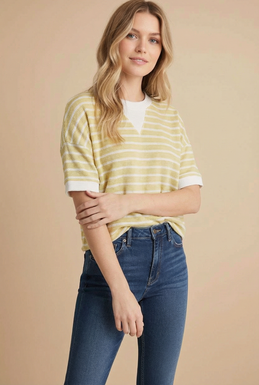 Stripe Round Neck Cloudy Knit Top: Mellow Yellow