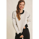 Soft Round Neck and Contrast Detail Sweater - Cream/Black