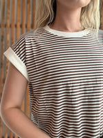 Stripe Contrast Trim Rib Banded Top - Brown