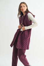 Longline Quilted Cotton Blend Vest - Plum