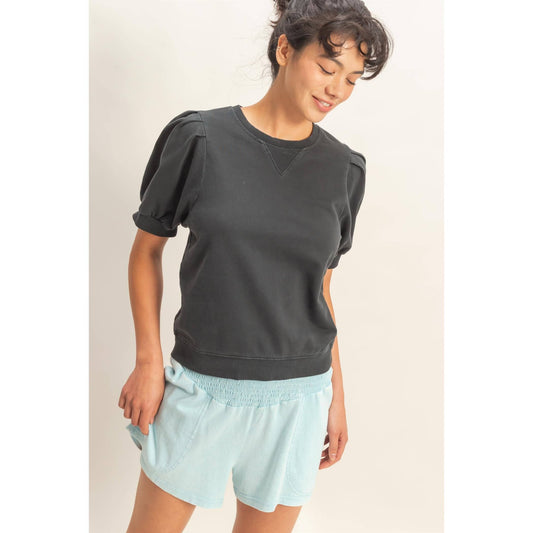 Short Sleeve Puff Sleeve Sweatshirt: Black