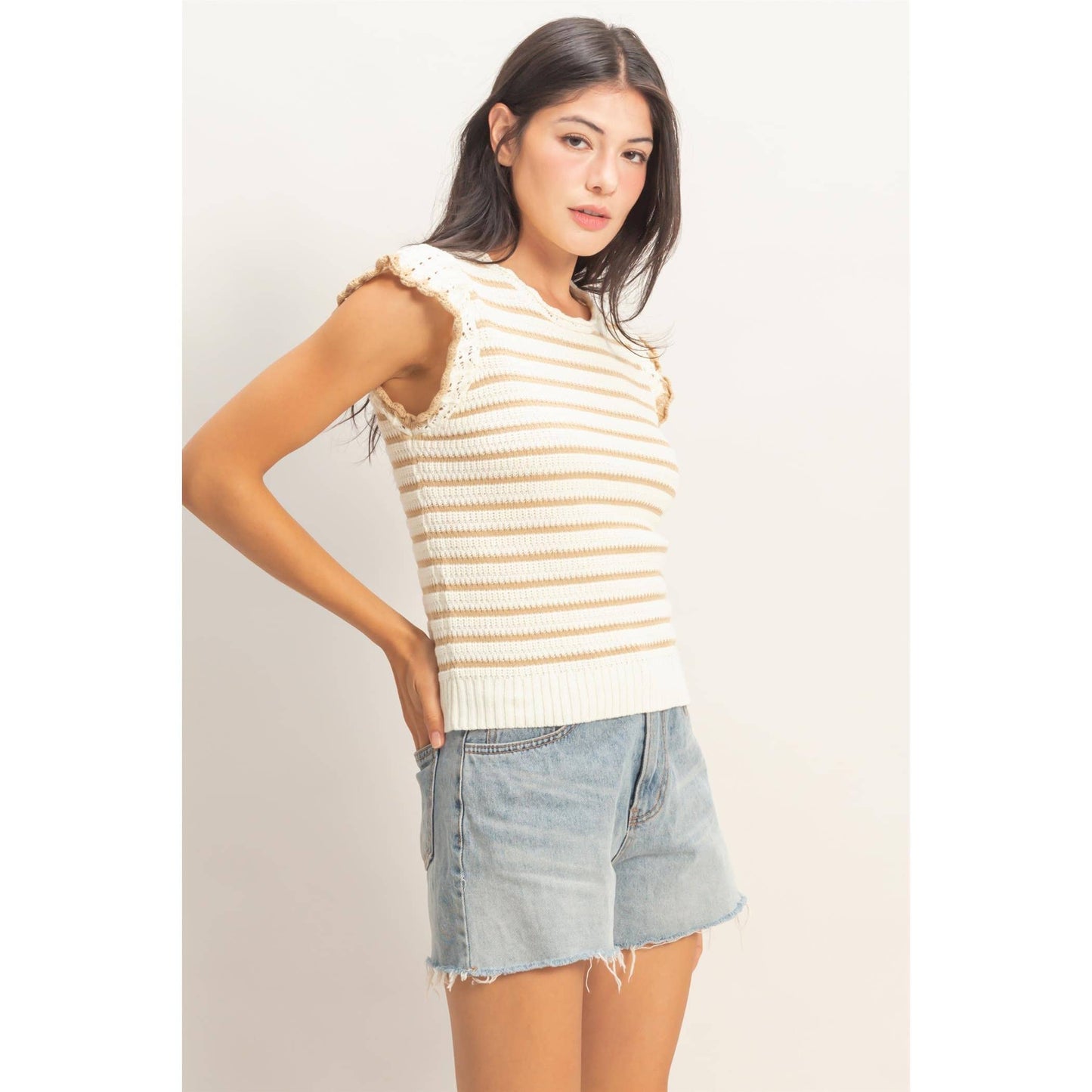 Scalloped Striped Ruffle Sleeve Top - Taupe