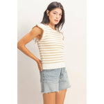 Scalloped Striped Ruffle Sleeve Top - Taupe