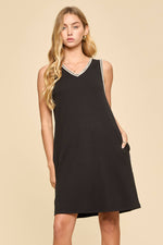 Sleeveless Ribbed Dress w/ Embroidered Stitching - Black