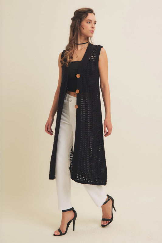 Button-Down Open Knit Midi Cardigan