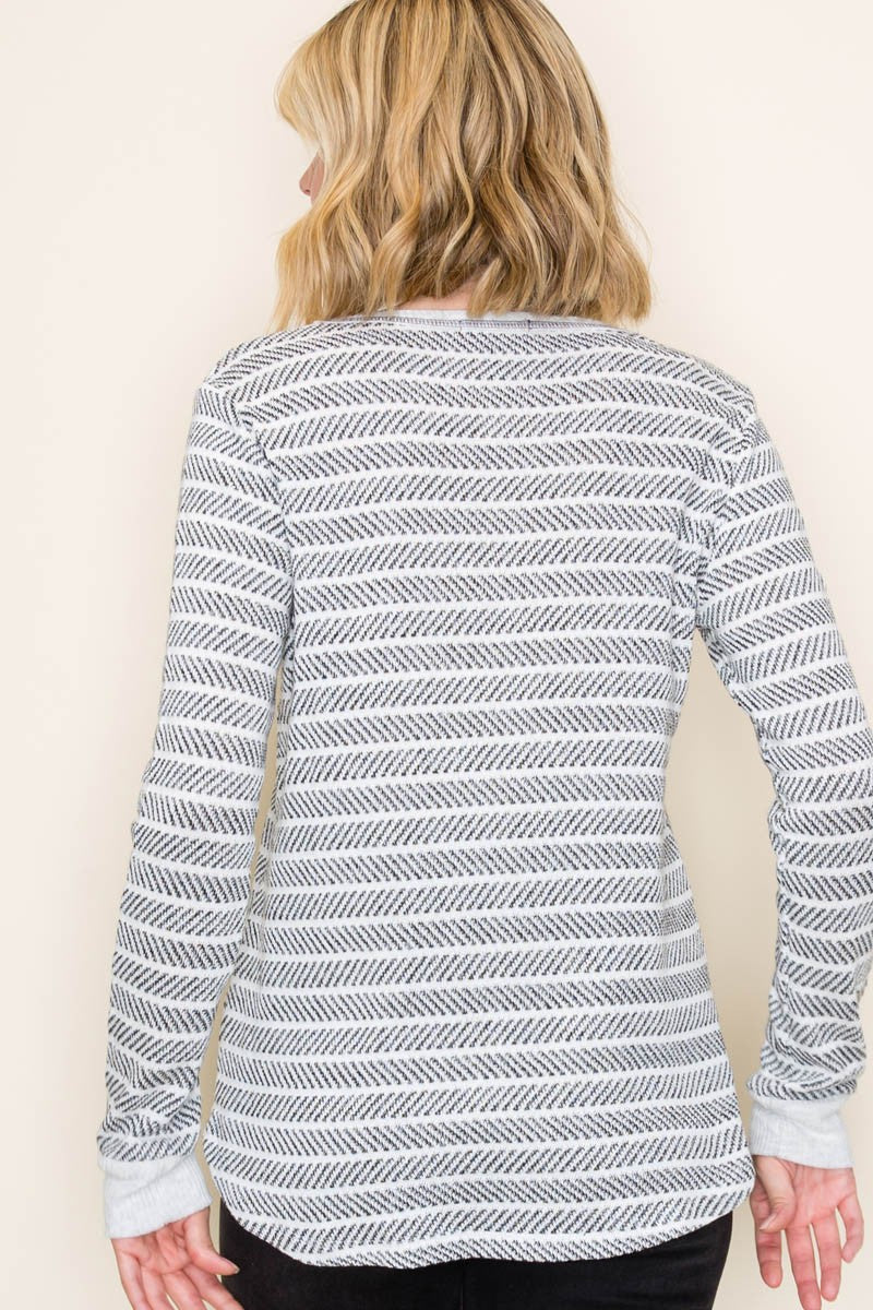 Textured Stripe Pullover Knit Top - Light Grey