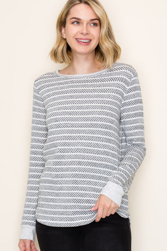 Textured Stripe Pullover Knit Top - Light Grey