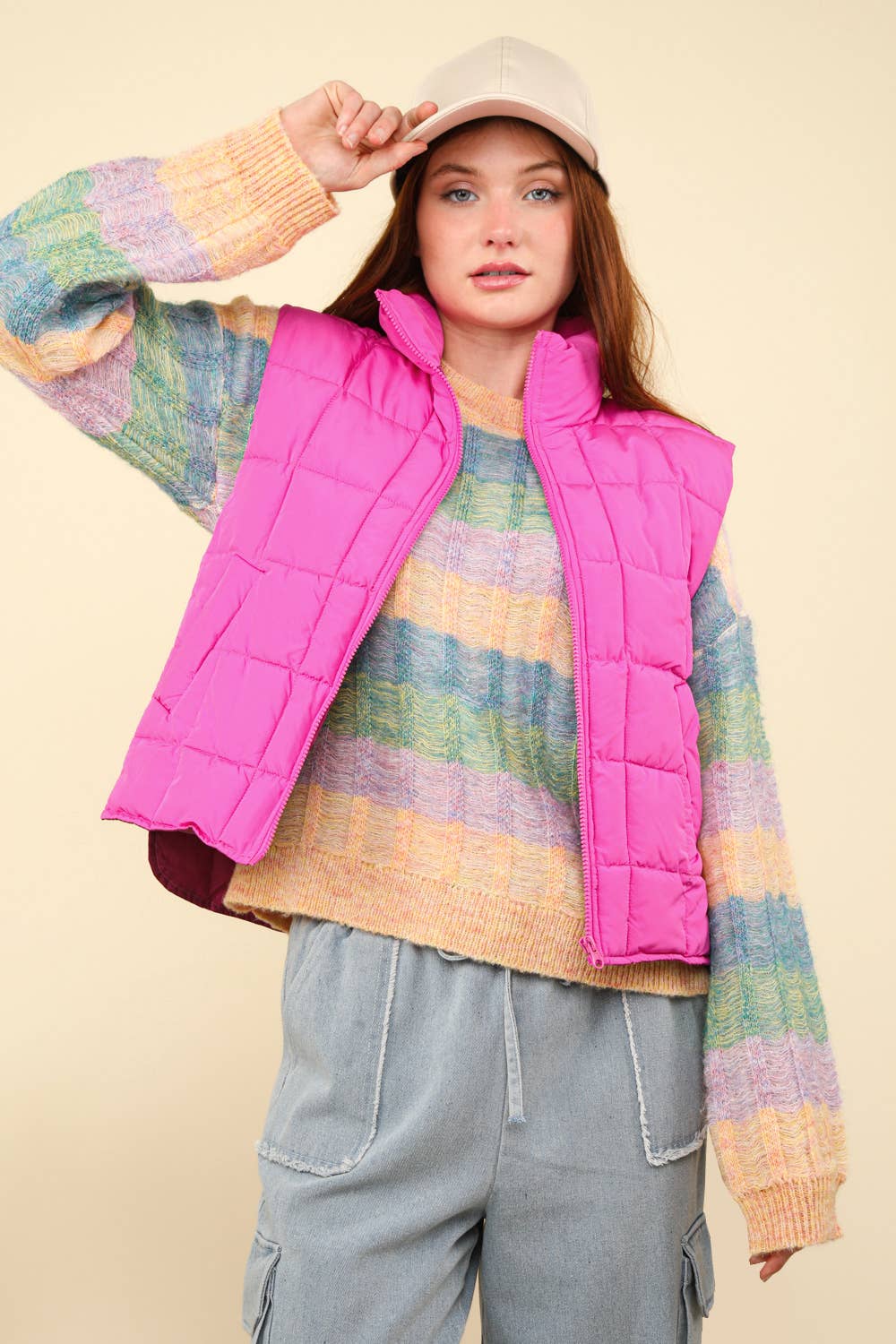 Solid Puffer Padded Warm Vest: Fuchsia