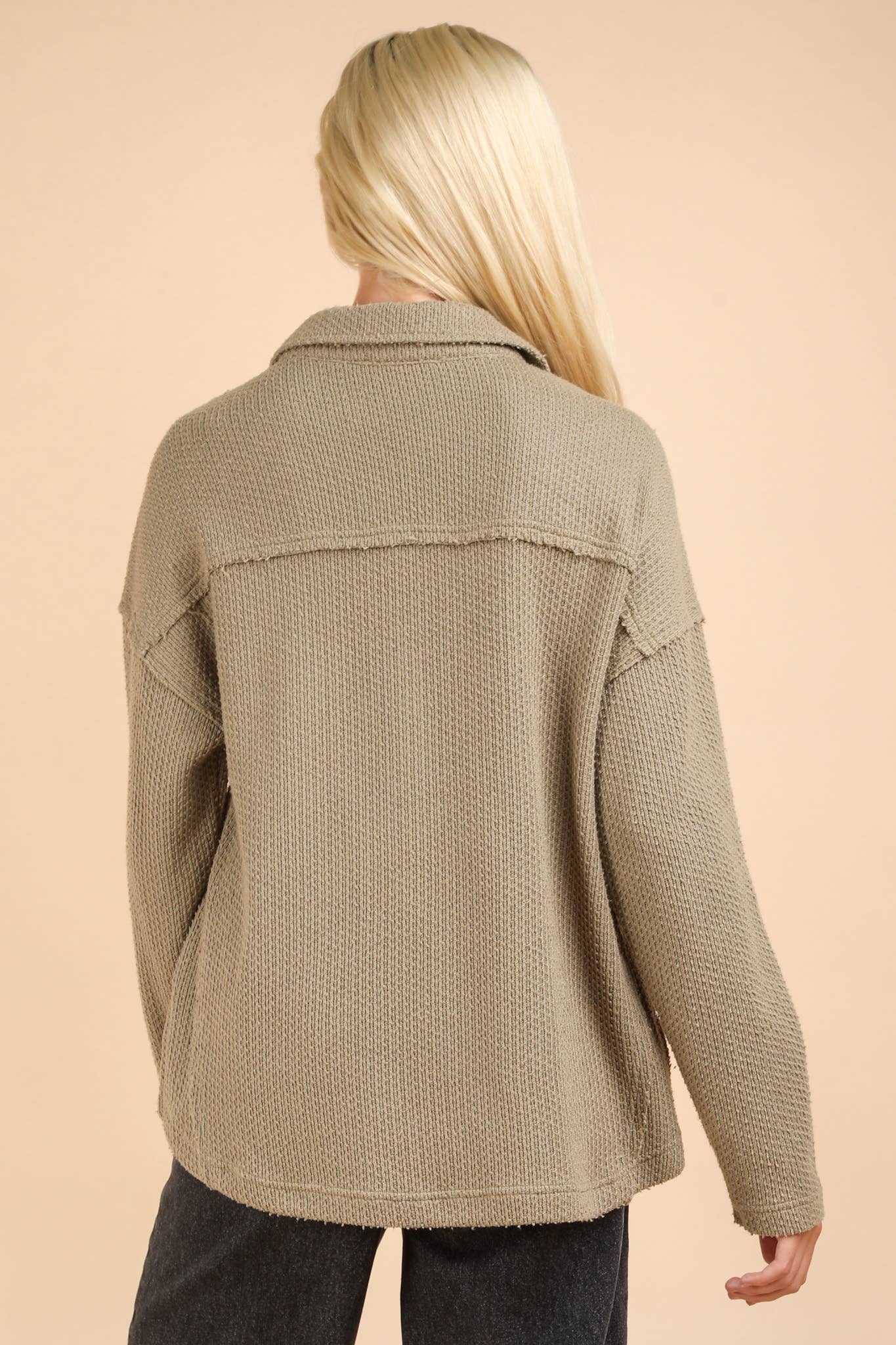 Half Button Down Collared Textured Henley Knit Top: OLIVE