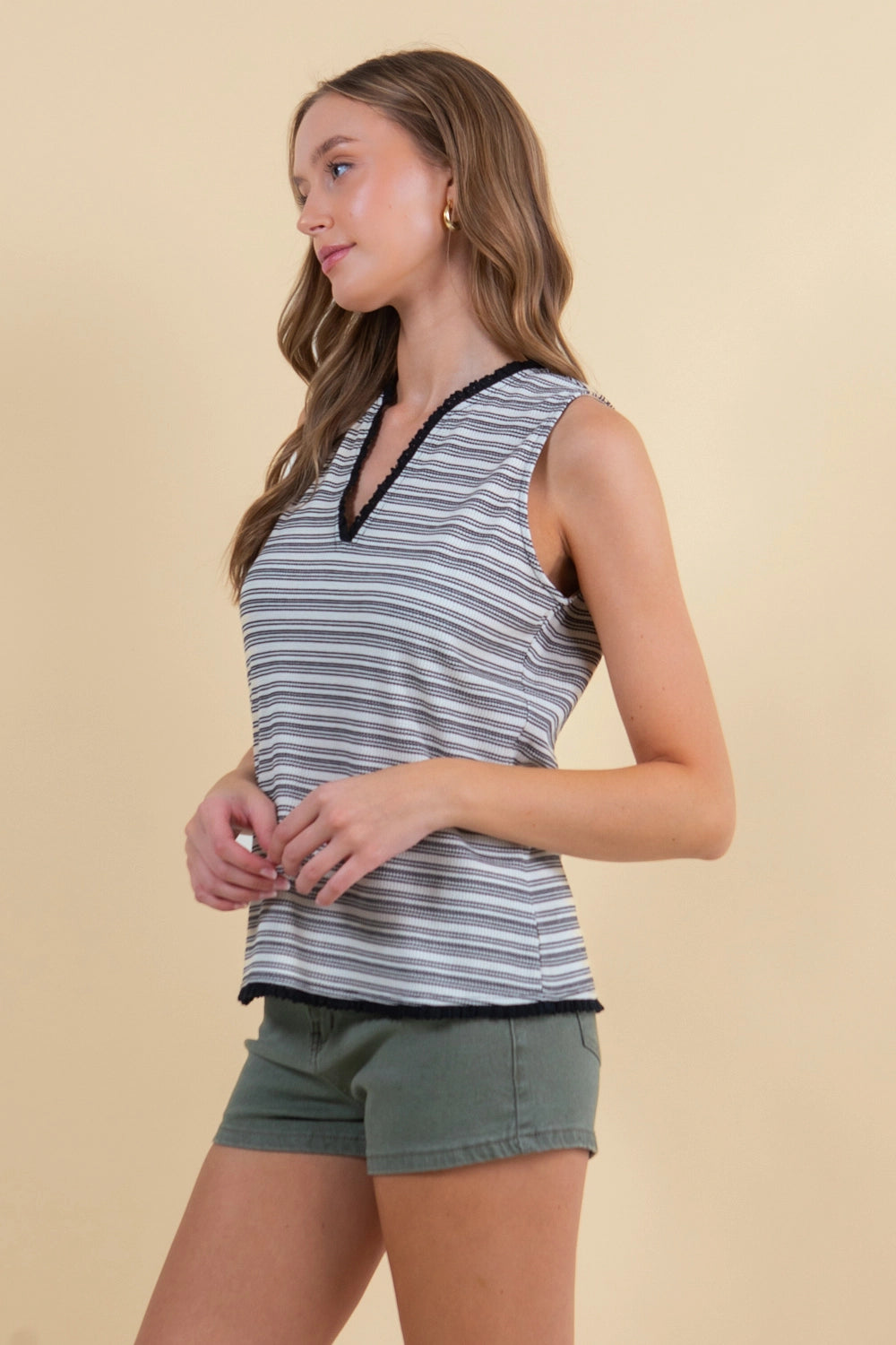 Split V-Neck Sleeveless Lace Trimmed Tank Top