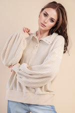 Oversized Half Button Down Waffle Knit Top - Cream