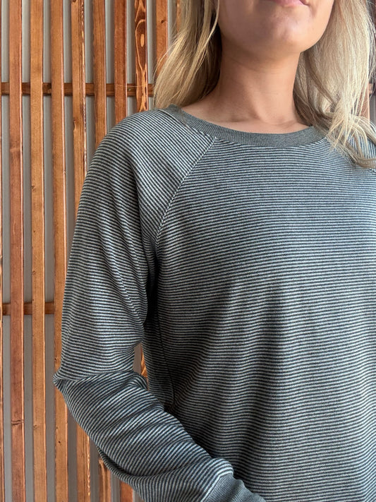 Crew Neck Pinstriped Top- Grey