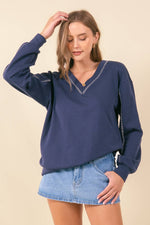 French Terry V-Neckline Oversized Sweatshirt - NAVY