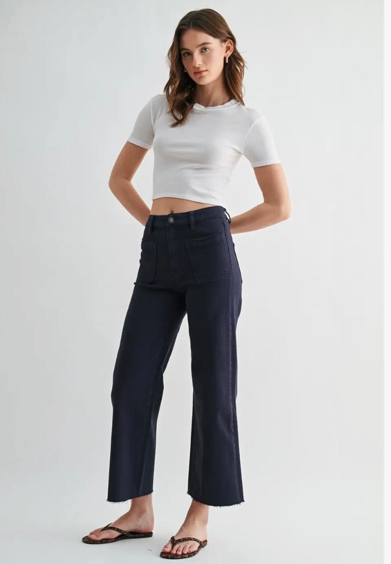 Navy HR Wide Leg Crop Raw Hem