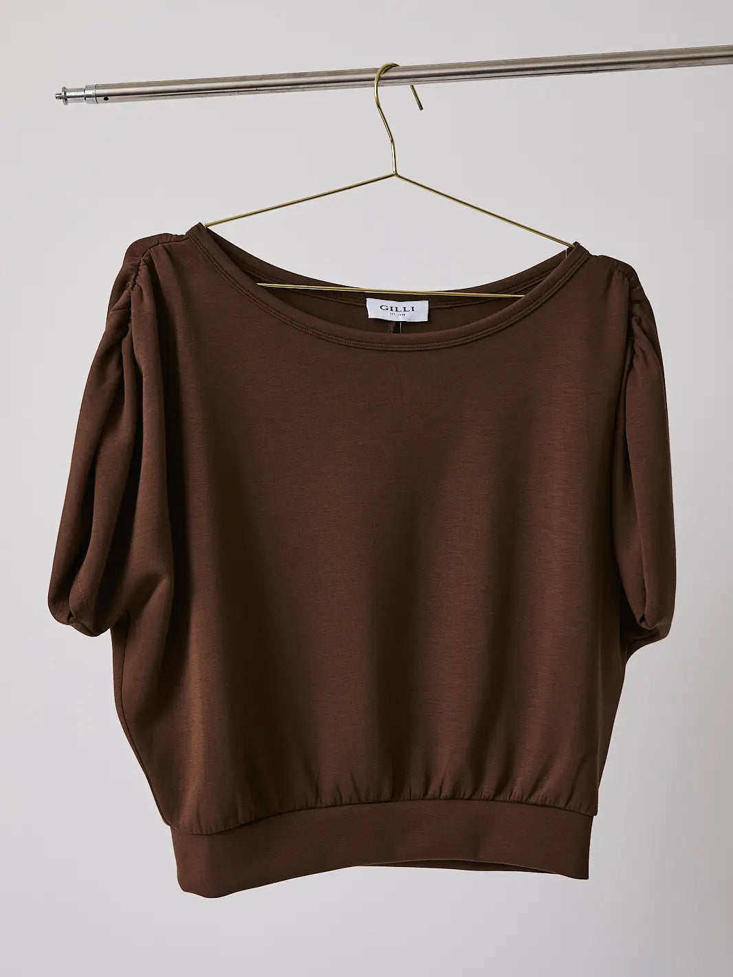 Boatneck Shirring Half Sleeve Crop Top - Brown