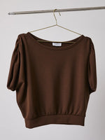 Boatneck Shirring Half Sleeve Crop Top - Brown