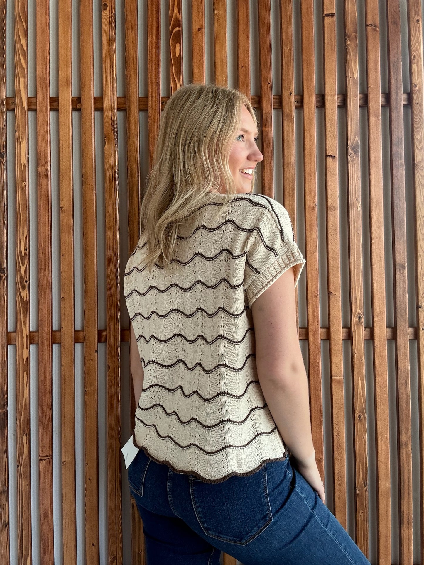 Lt. Taupe Scallop Striped Sweater Top
