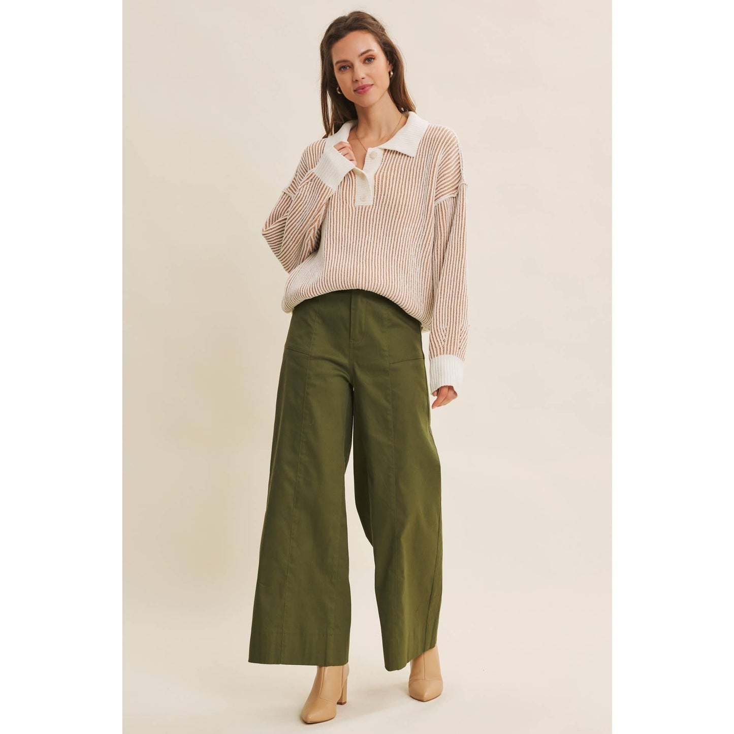 Two-Tone Textured Stripe Henley Sweater - Camel