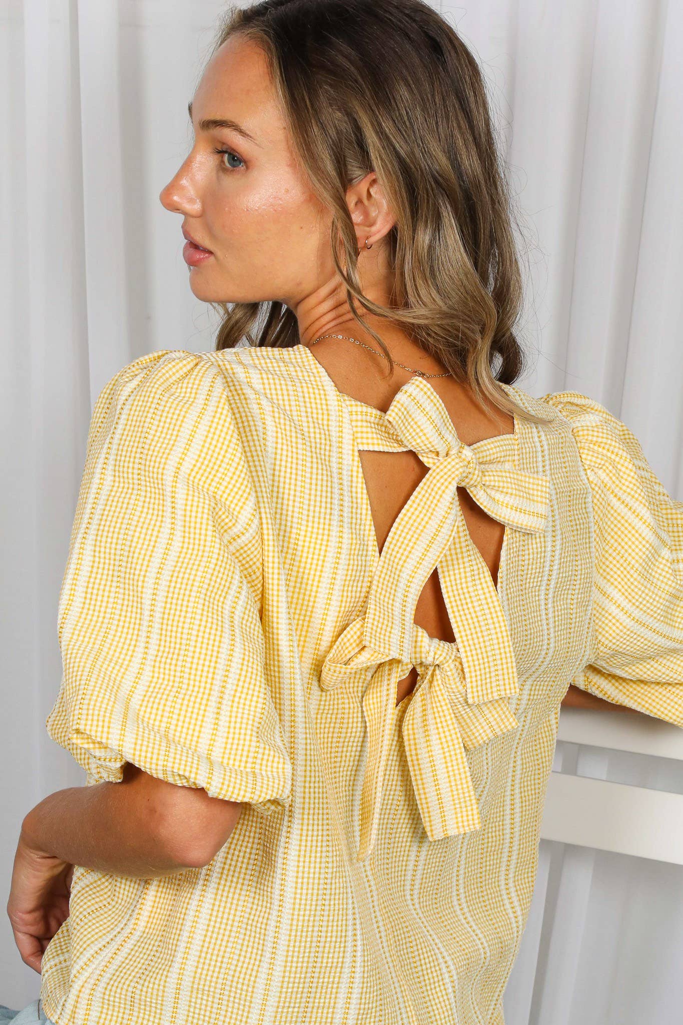 V-Back 2 Bow Accent Feminine Plaid Blouse Top - Yellow