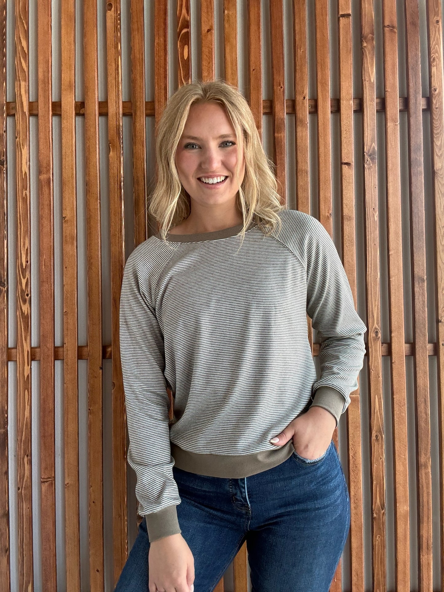 Crew Neck Pinstriped Top- Taupe